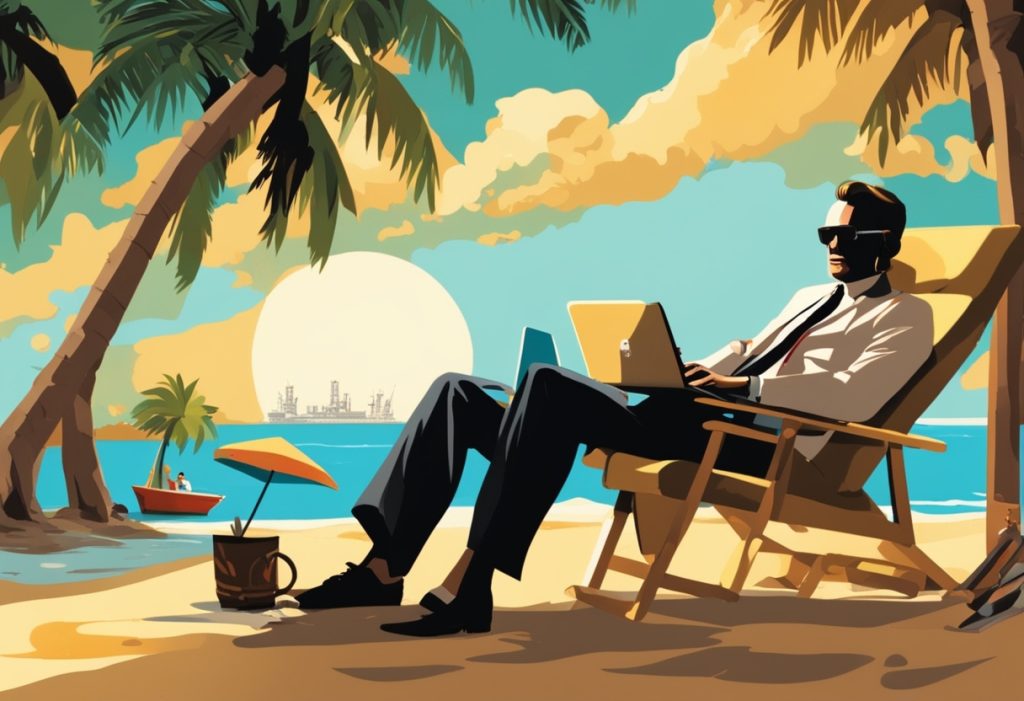 A businessman is reclining in a beach chair.  He is on a laptop with a headset.  In the background is an oil rig silhouetted by the setting sun. 